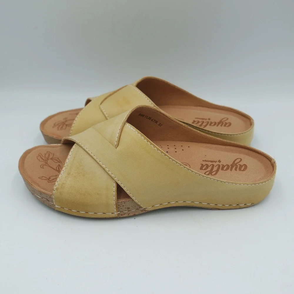 Ayalla by Antelope Women Yellow Leather Slide Sandals EU 37 Fits US 6.5